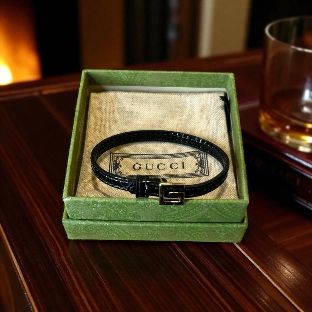 Gucci Black Leather Bracelet with Gold Accent